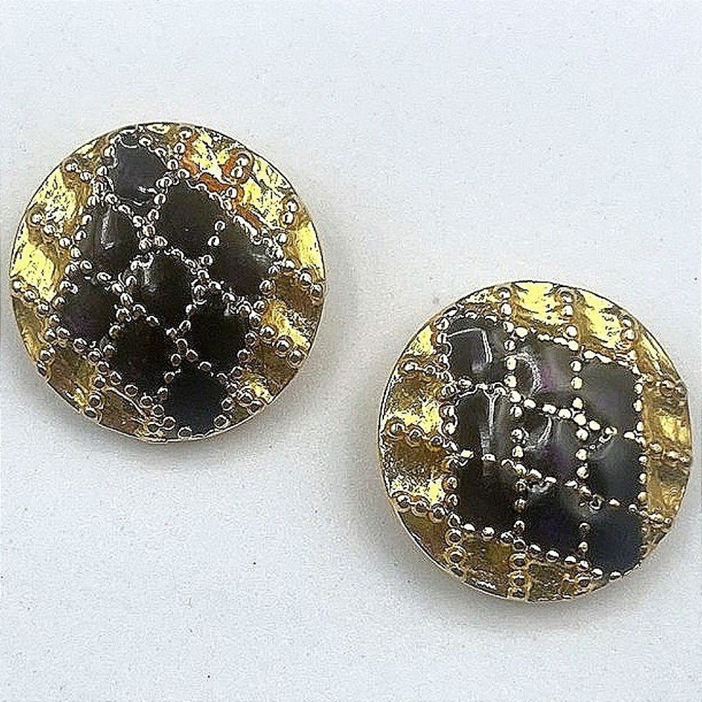 Vintage Gold Tone Quilted Enamel Button Earrings Clip On Checkerboard Jewelry